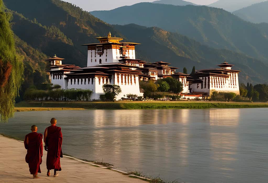 Serene morning scene in Punakha, Bhutan with monks walking towards Punakha Dzong