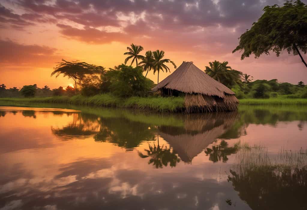 Sunset over lush green fields and traditional huts in Bafata, Guinea-Bissau