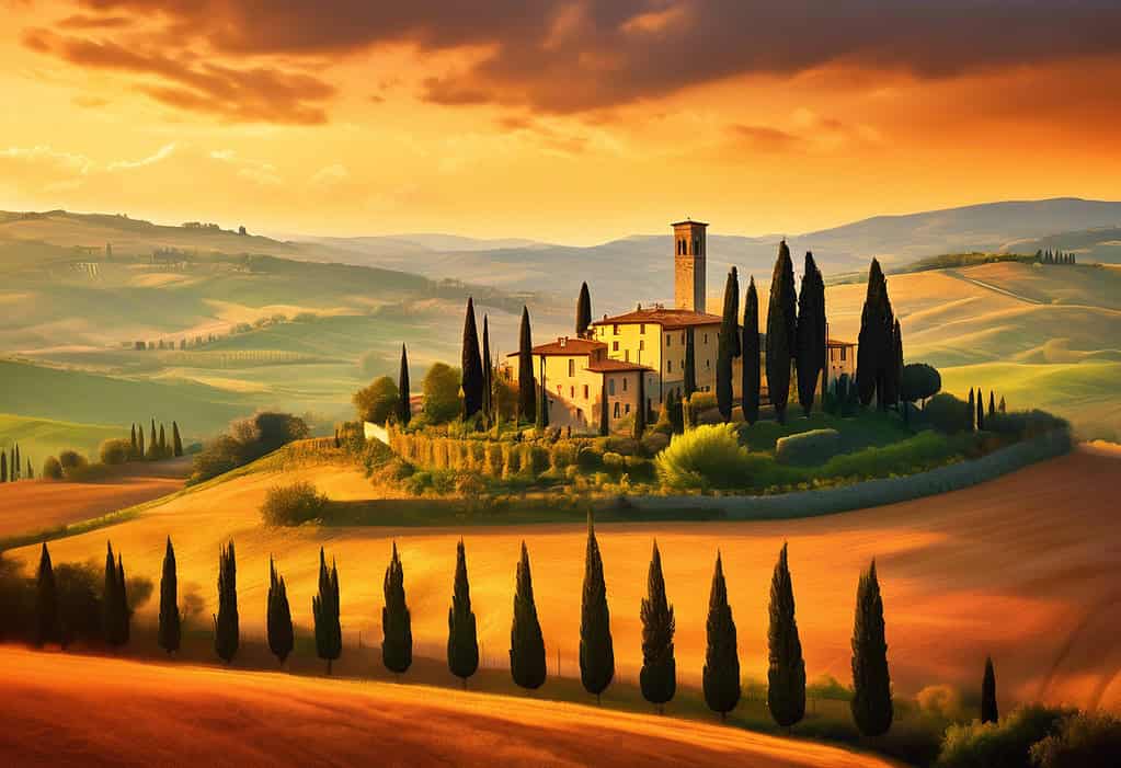 Sunset over Tuscany hills with medieval village and cypress trees