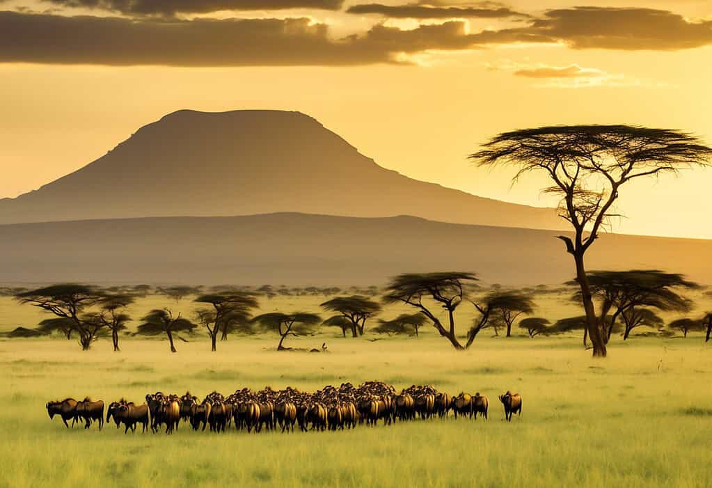 Wildebeests crossing the savanna at sunset in Serengeti National Park, Tanzania