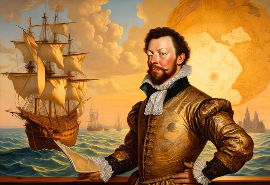 Sir Francis Drake painting on ship deck with map in hand during 16th century exploration