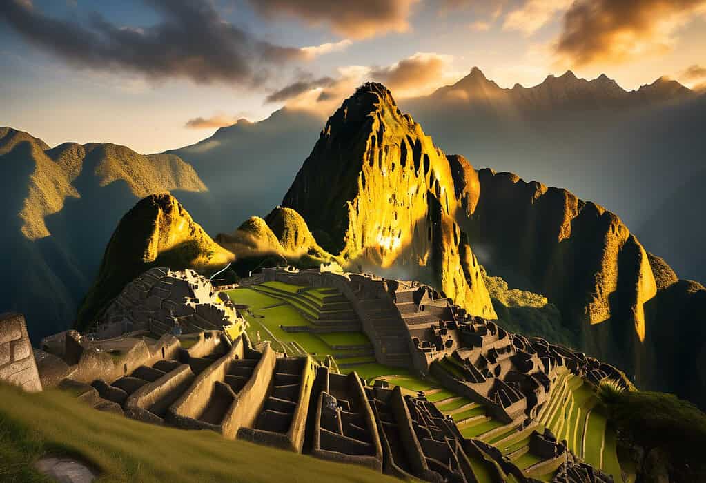 Sunrise over Machu Picchu in the Andes mountains of Peru