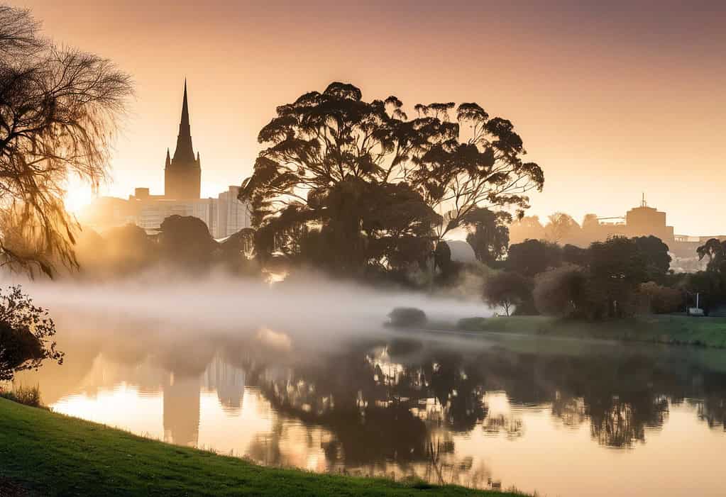 Sunrise over Waikato River with Hamilton Gardens and city skyline in background