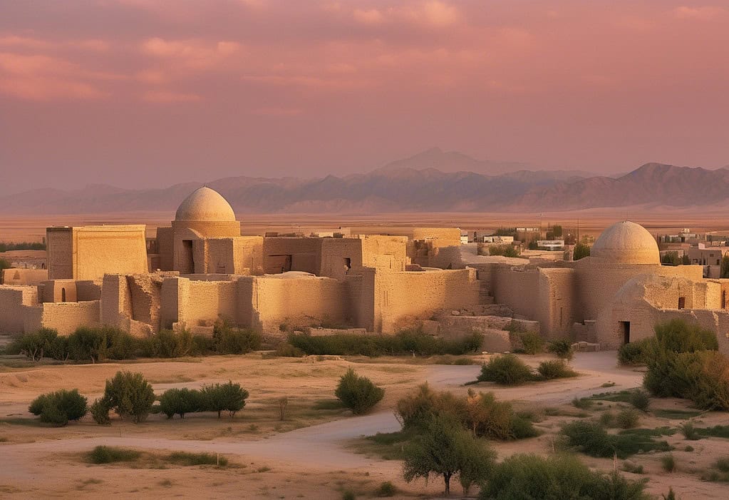 Sunset over ancient Persian ruins with mountains in the background