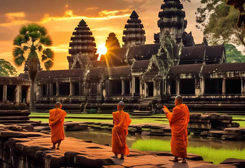 Sunset over Angkor Wat with monks offering prayers