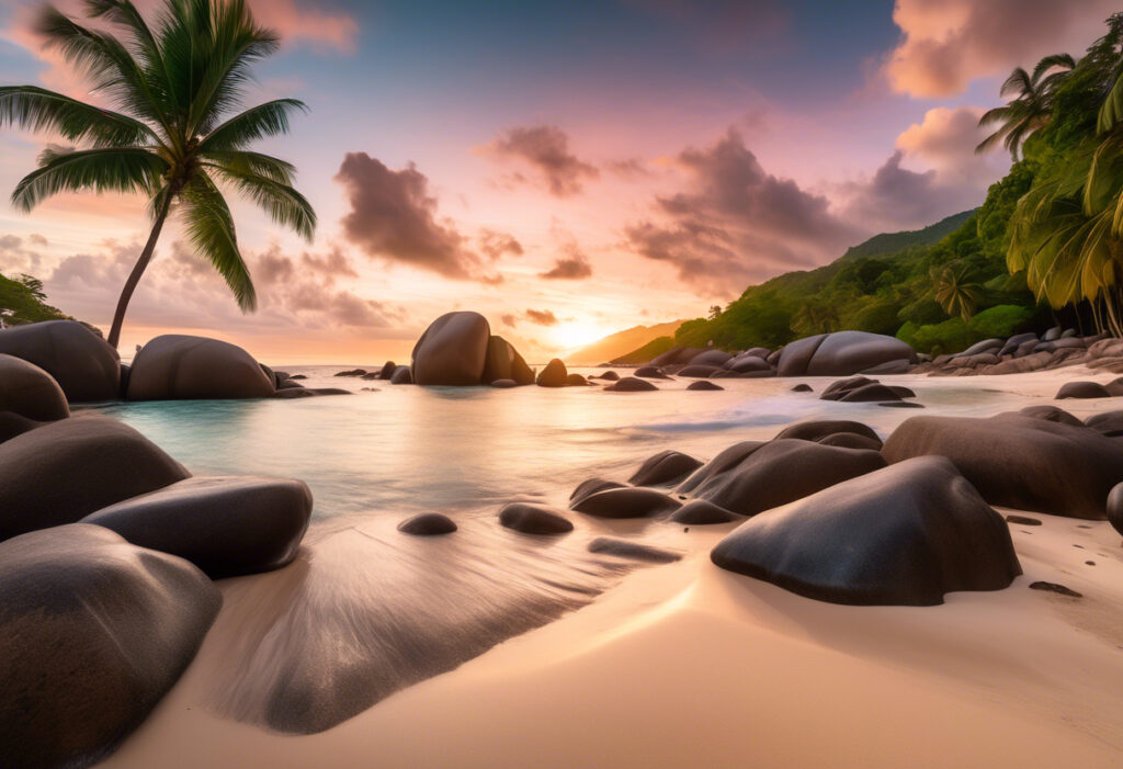 Sunset over Anse Intendance Beach, Mahe Island, Seychelles