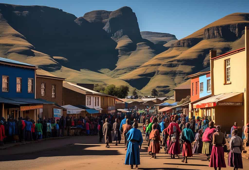 Sunset over Butha-Buthe, Lesotho - vibrant market square with locals selling their wares and children playing in dusty alleyways