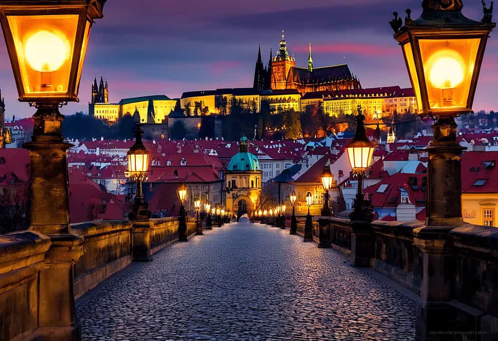 Sunset over Charles Bridge in Prague