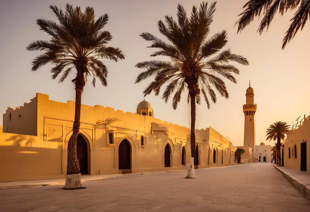 Sunset over historic city of Muharraq, Bahrain