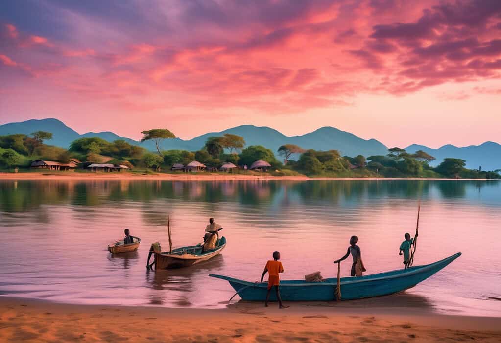 Sunset over Lake Malawi with fishermen casting nets and children playing on the shore