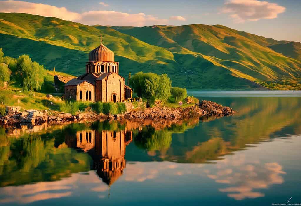 Sevanavank Monastery at sunset on Lake Sevan