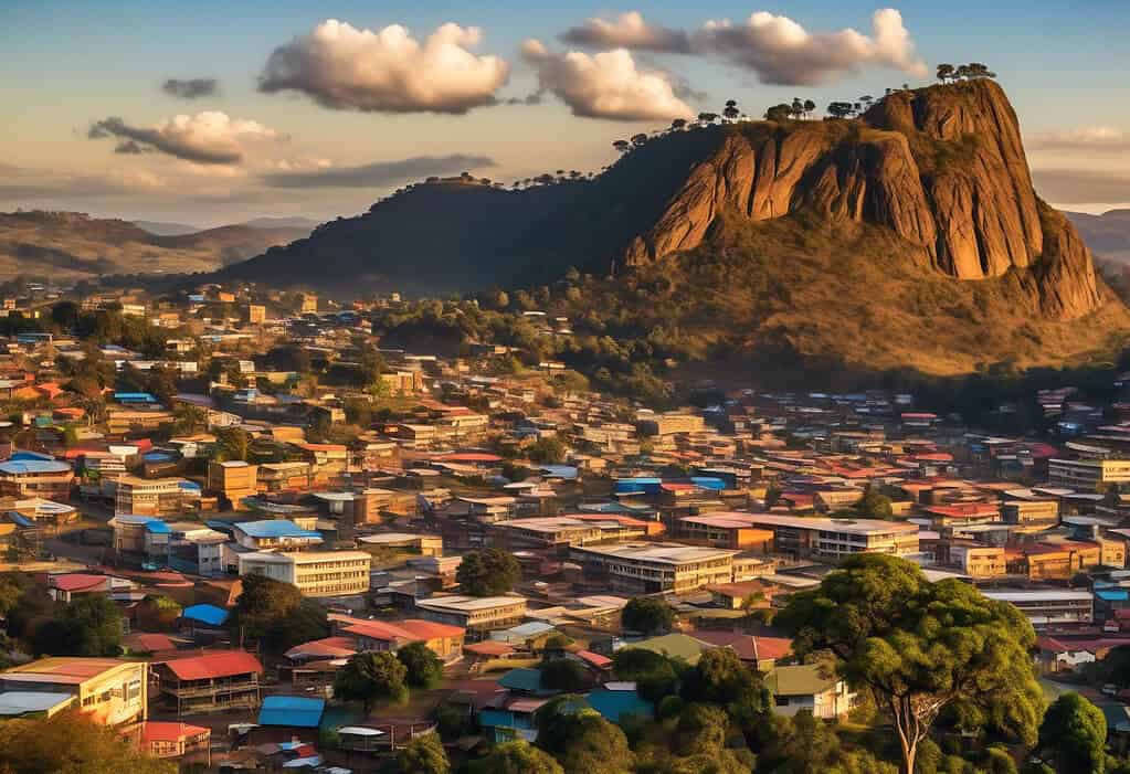 Sunset over Mbabane, Eswatini cityscape with traditional thatched-roof houses and modern skyscrapers