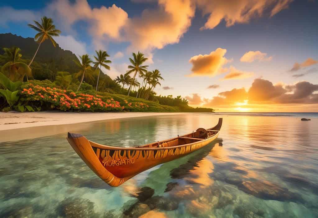 Polynesian outrigger canoe at sunset on Muri Beach in Rarotonga