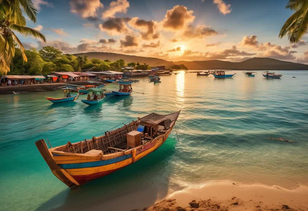 Sunset over turquoise waters with palm trees and traditional wooden boats in Nosy Be, Madagascar