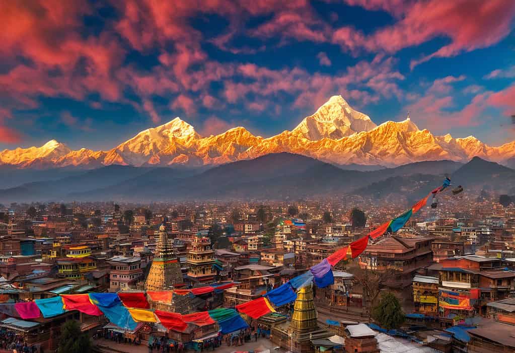 Sunset view of Kathmandu with colorful prayer flags and ancient temples