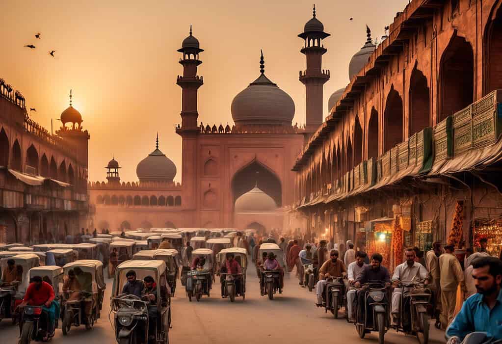 Sunset over Lahore with Badshahi Mosque in the background