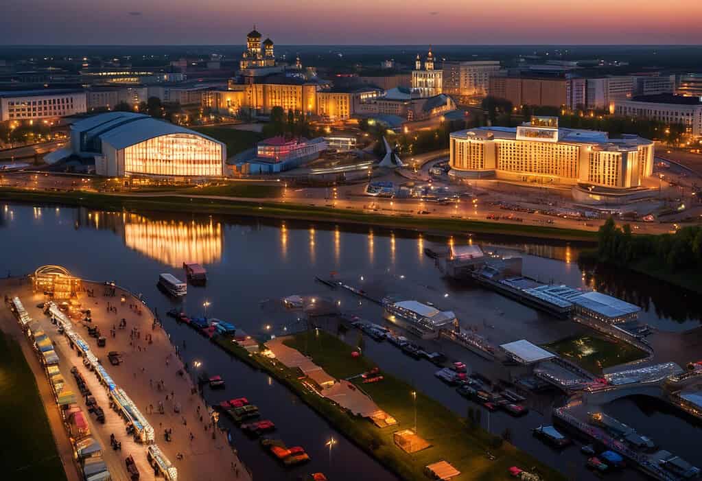 Sunset over Minsk, Belarus - National Library of Belarus in the background