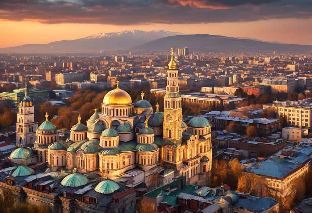 Sunset over Sofia, Bulgaria - historic buildings and cobblestone streets bathed in golden light