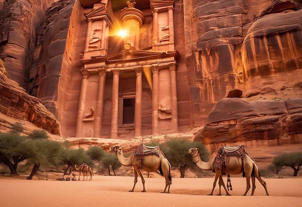 Sunset over Petra Treasury Building with date palms and camel caravan