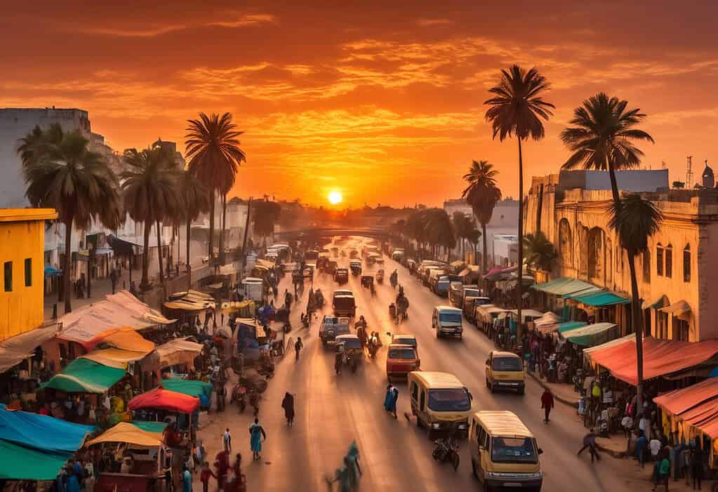 Sunset over bustling streets of Saint-Louis, Senegal