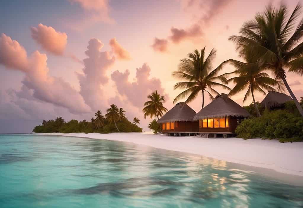 Sunset over Thulusdhoo Island in the Maldives with palm trees and thatched-roof huts