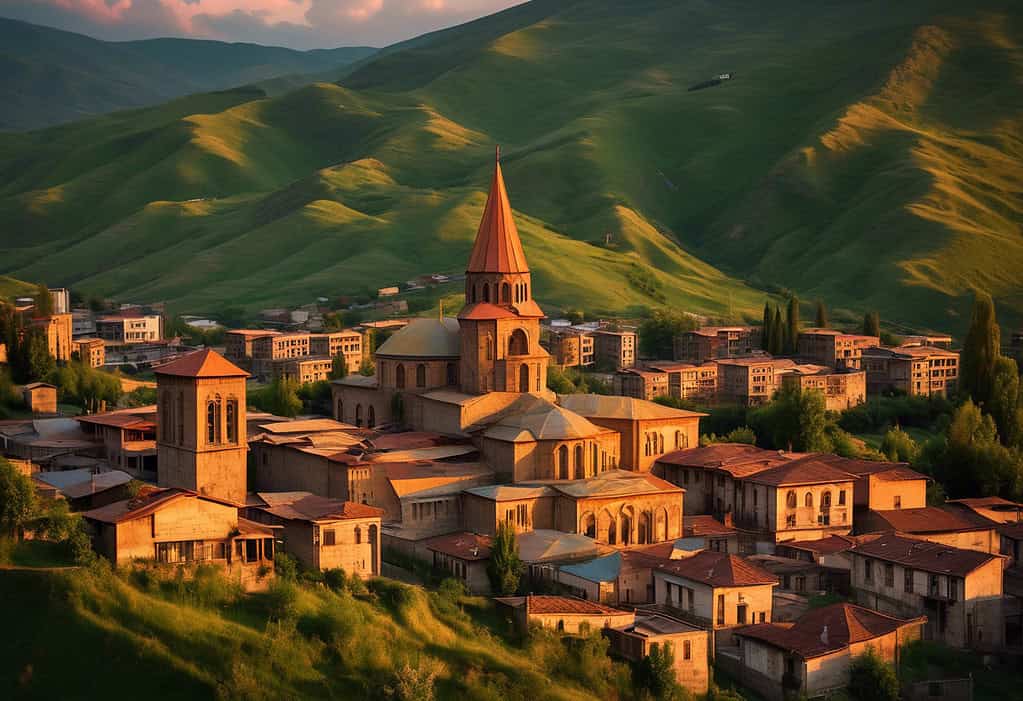 Sunset over Vanadzor, Armenia showcasing Soviet-era architecture and lush green mountains