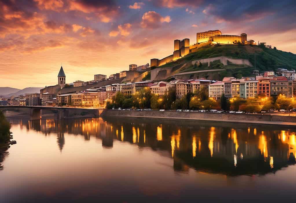 Sunset view of Tbilisi, Georgia showcasing traditional and modern architecture with Narikala Fortress and Mtkvari River in the background.