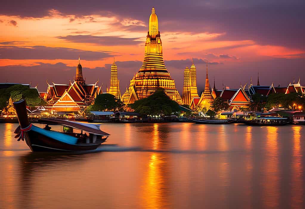 Sunset view of Wat Arun temple and Chao Phraya River in Bangkok