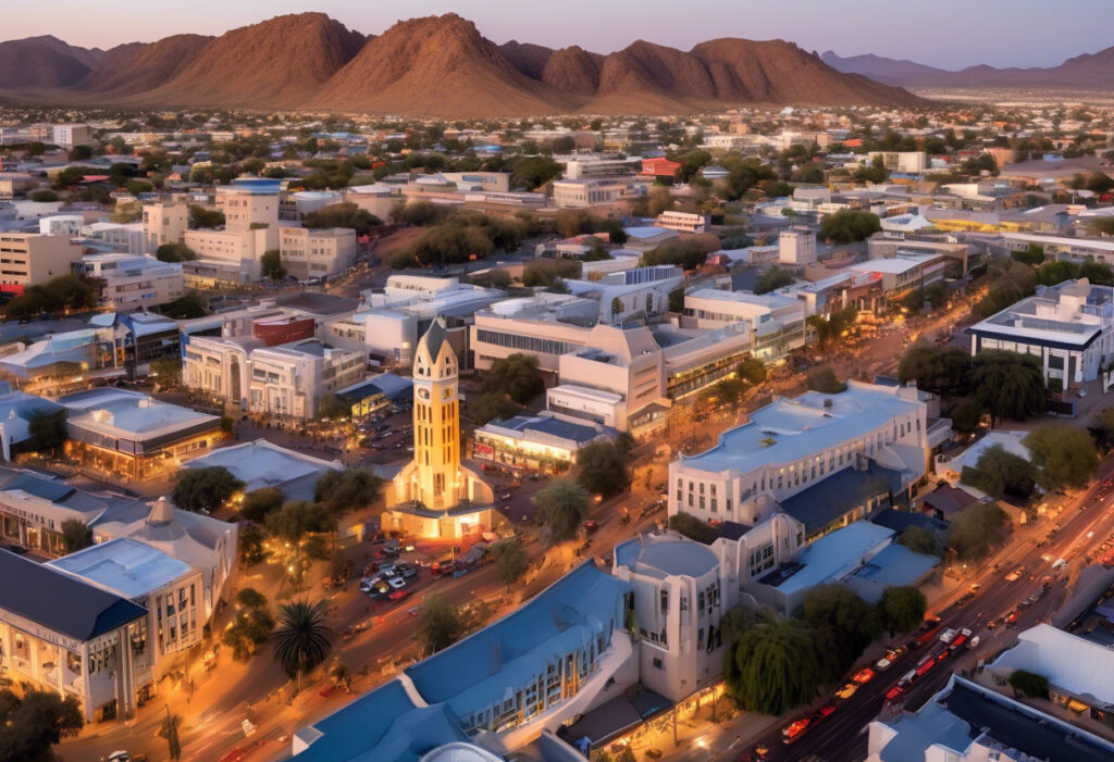 Sunset over Windhoek, Namibia - city lights twinkle against rugged mountains