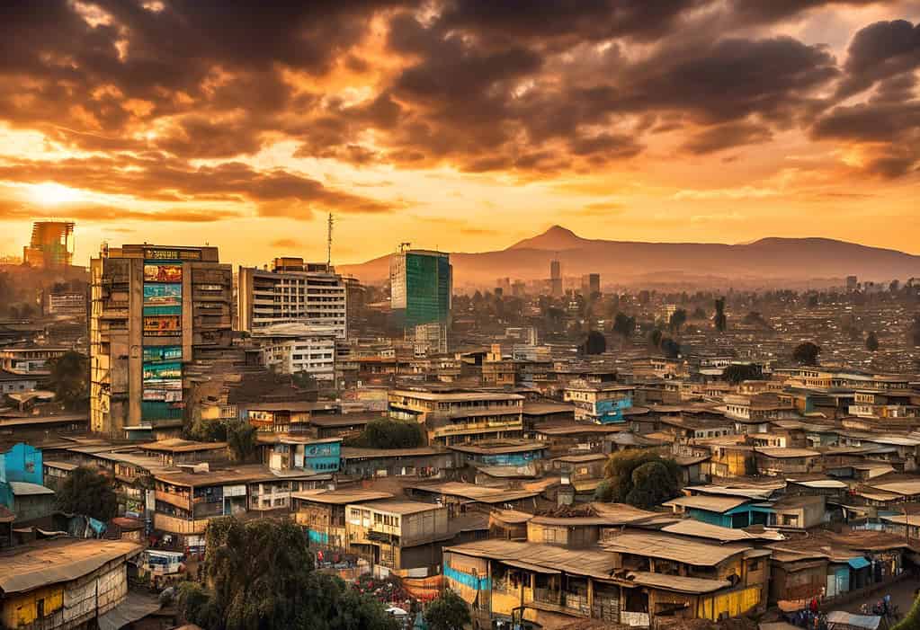 Sunset over Addis Ababa, Ethiopia with Entoto Mountains in the distance