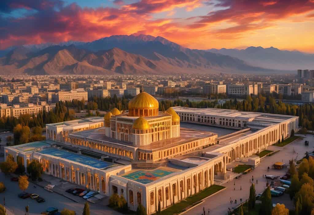 Vibrant sunset over the Palace of Nations in Dushanbe, Tajikistan