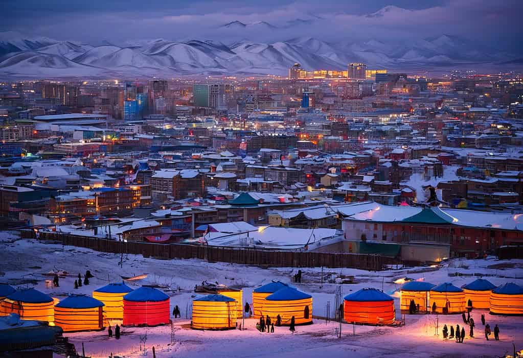 Sunset over Ulaanbaatar, Mongolia cityscape with traditional yurts and modern skyscrapers