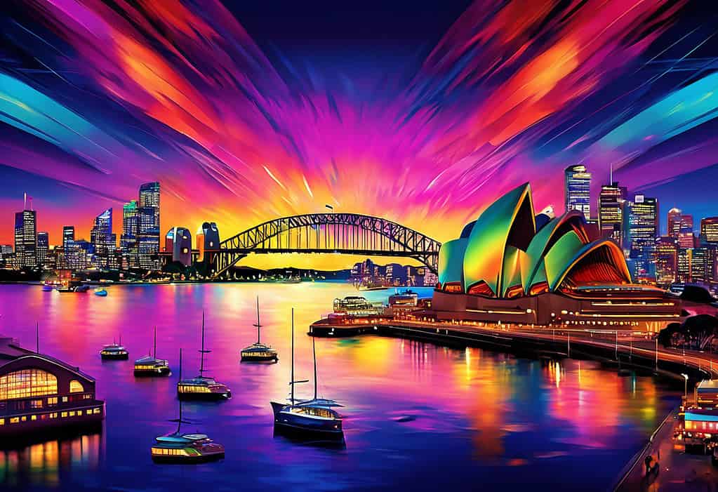 Digital art of Sydney skyline at dusk with Opera House and Harbour Bridge