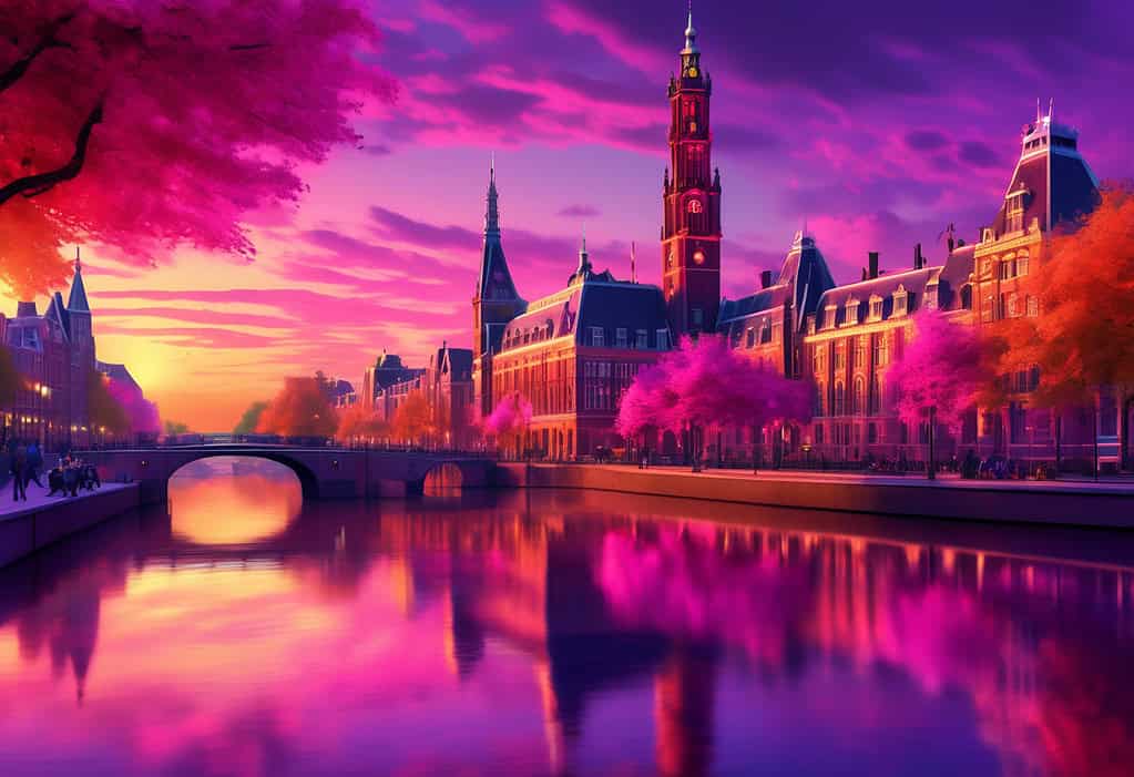 Digital art rendering of The Hague at sunset, showcasing the iconic Peace Palace and vibrant sky