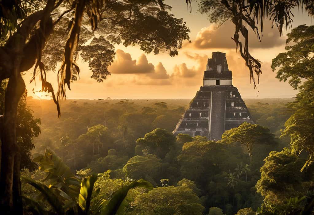 Sunset over the ruins of the ancient Mayan city of Tikal in the Guatemalan jungle