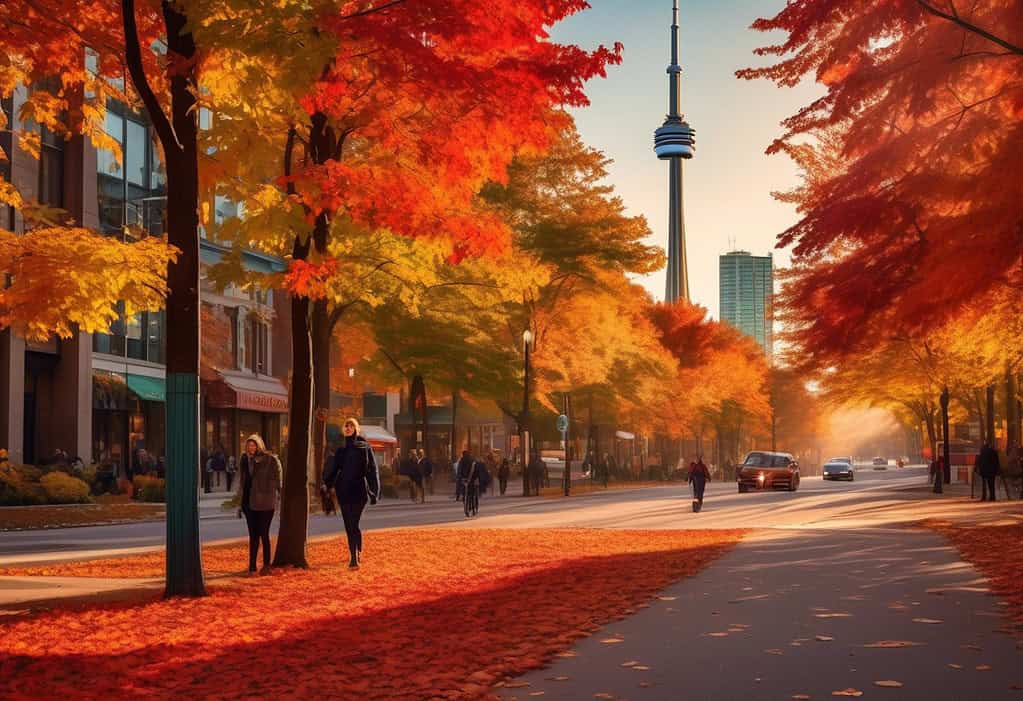 Bustling streets of Toronto with fall foliage and CN Tower in the background