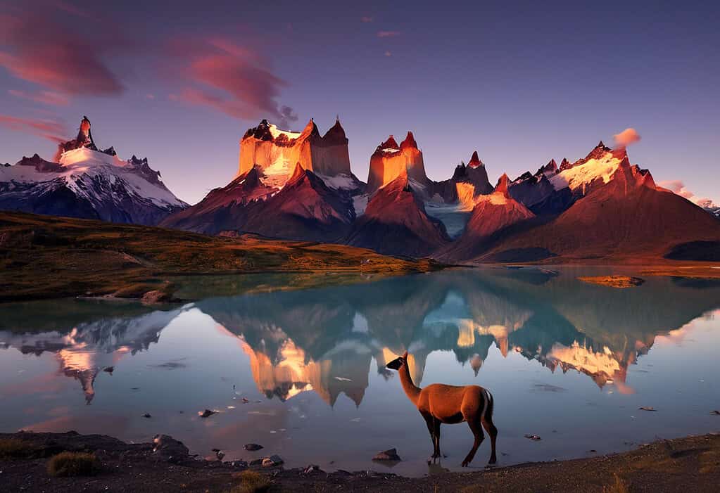 Sunset over Lake Pehoé with Torres del Paine National Park in the background