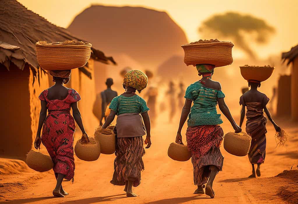 Mossi village Burkina Faso mud-brick houses women carrying baskets produce children playing dusty streets Sahel region rolling hills setting sun warm glow