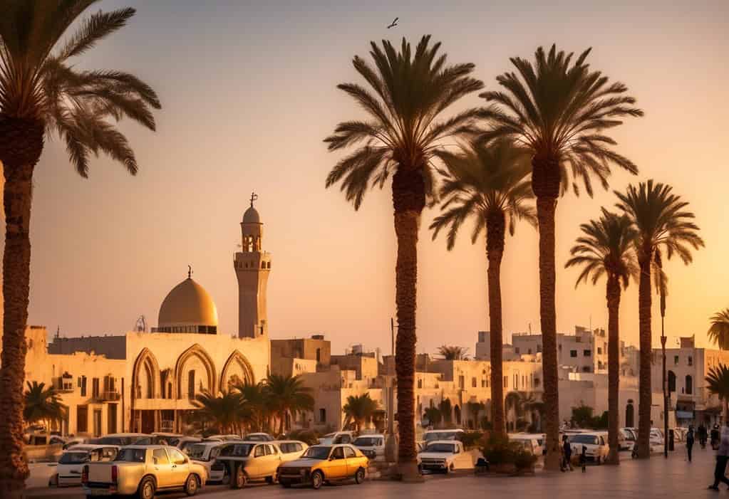 Tripoli Libya cityscape at sunset with historic buildings and palm trees