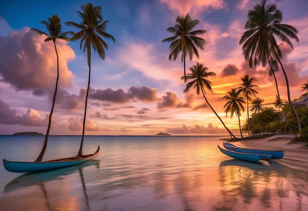 Sunset at Tumon Bay in Guam with palm trees and luxury resorts