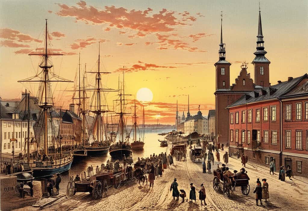 Turku Finland 19th century bustling port city with ships and colorful wooden buildings