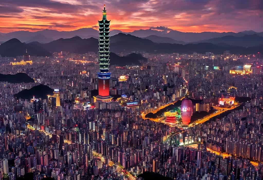 Twilight in Taipei cityscape with Taipei 101 tower and lanterns