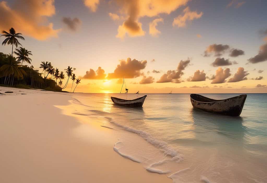 Vibrant sunset over Anabar, Nauru with traditional Nauruan fishing boats on the horizon