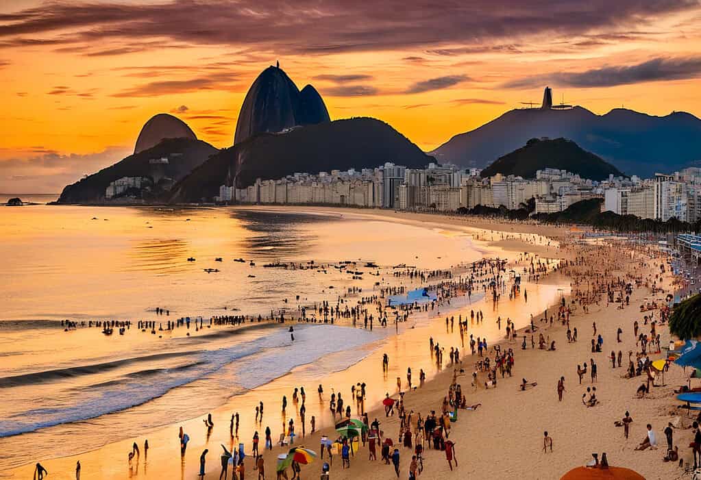 Sunset at Copacabana Beach in Rio de Janeiro with colorful umbrellas and iconic landmarks in the background