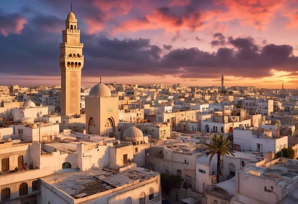 Vibrant Sunset in Tunis, Tunisia - Zitouna Mosque minarets