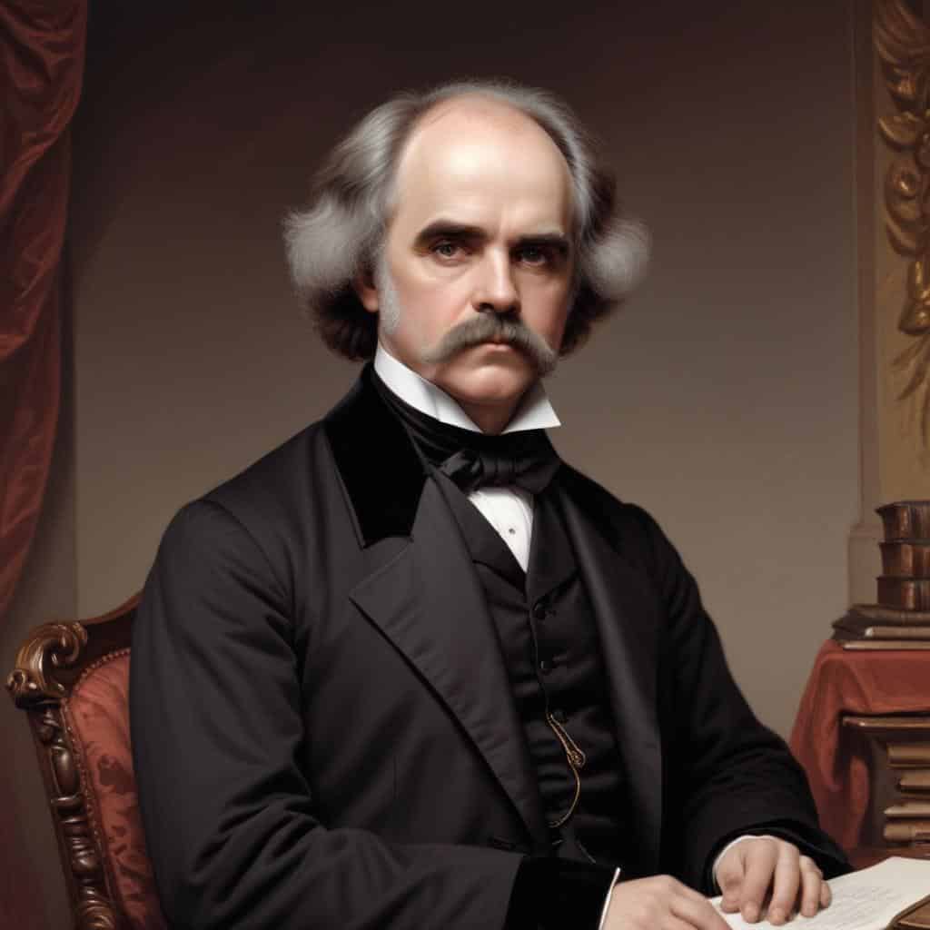 Nathaniel Hawthorne in a suit sitting at a desk