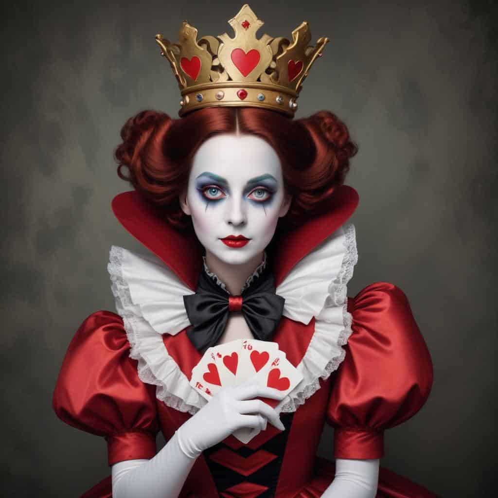 the queen of hearts in a red dress and crown holding playing cards