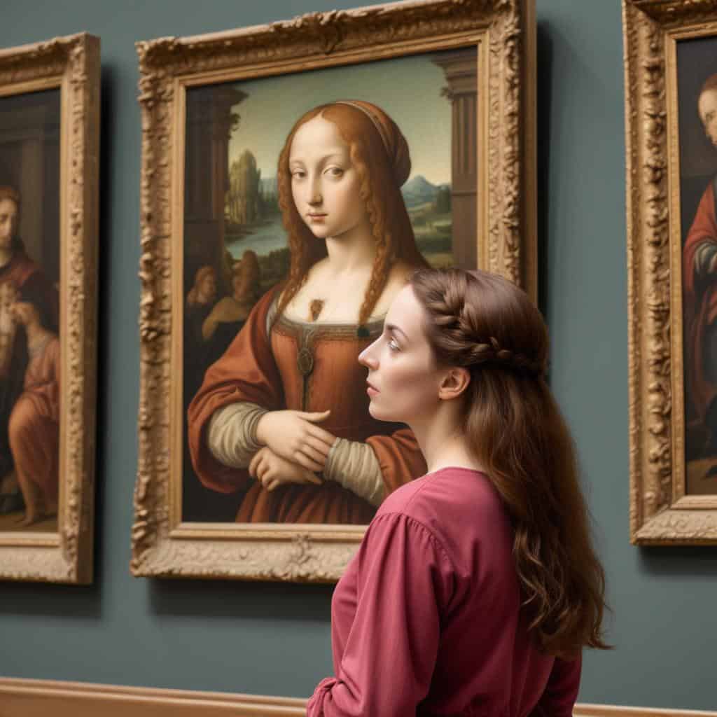 art games - a woman looking at a Renaissance painting