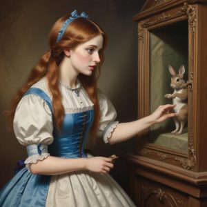 Alice in a blue dress and white dress touching a rabbit in a cabinet