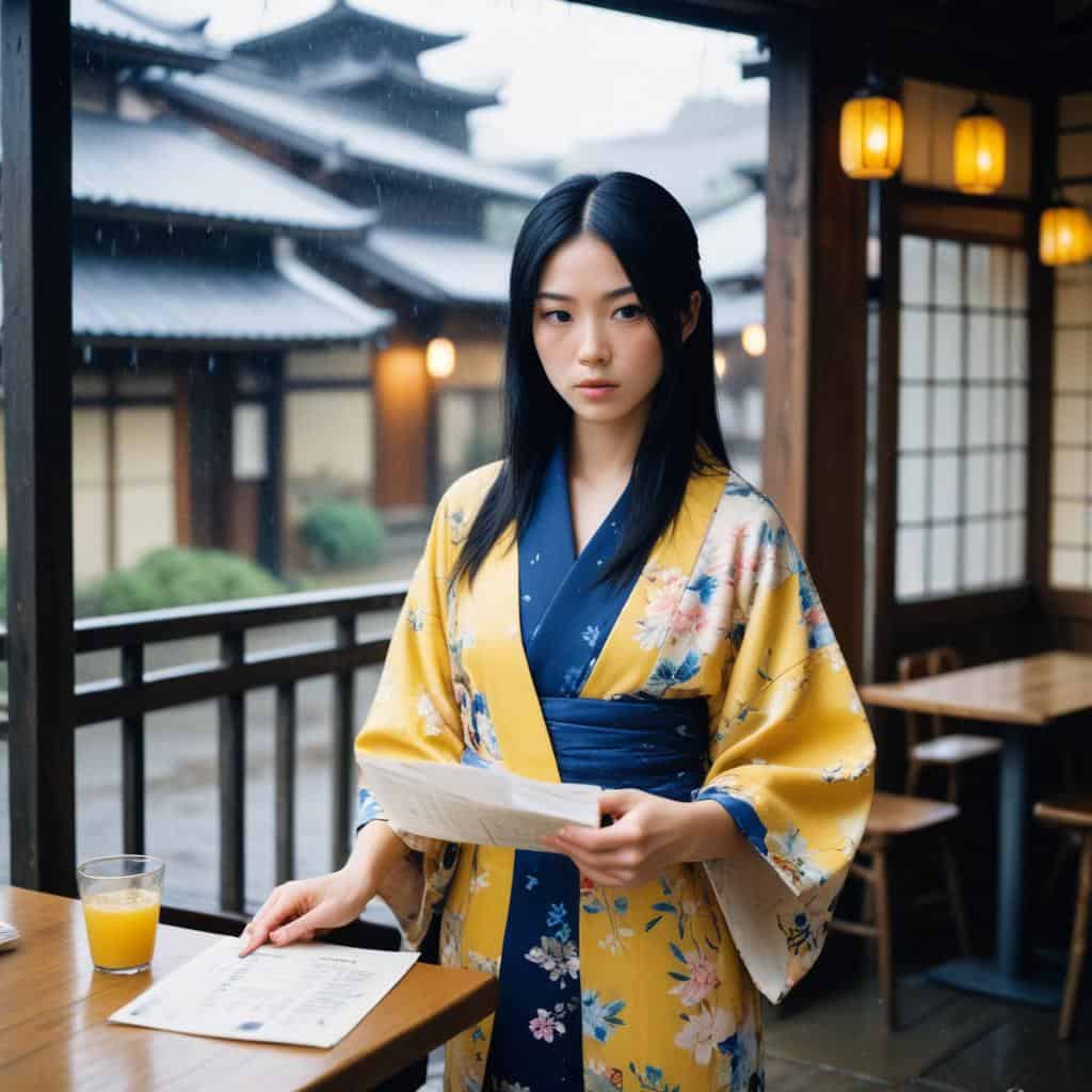 Language Games - a woman in a kimono holding a paper with translations